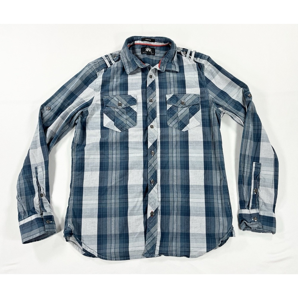 Rock & Republic Mens Medium Plaid Stretch Button Up Shirt Roll Tab Sleeve M